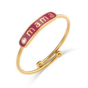 Dark‎ Pink Enamel Mama Adjustable Zircon Stackable Ring 18k Gold Plated S…